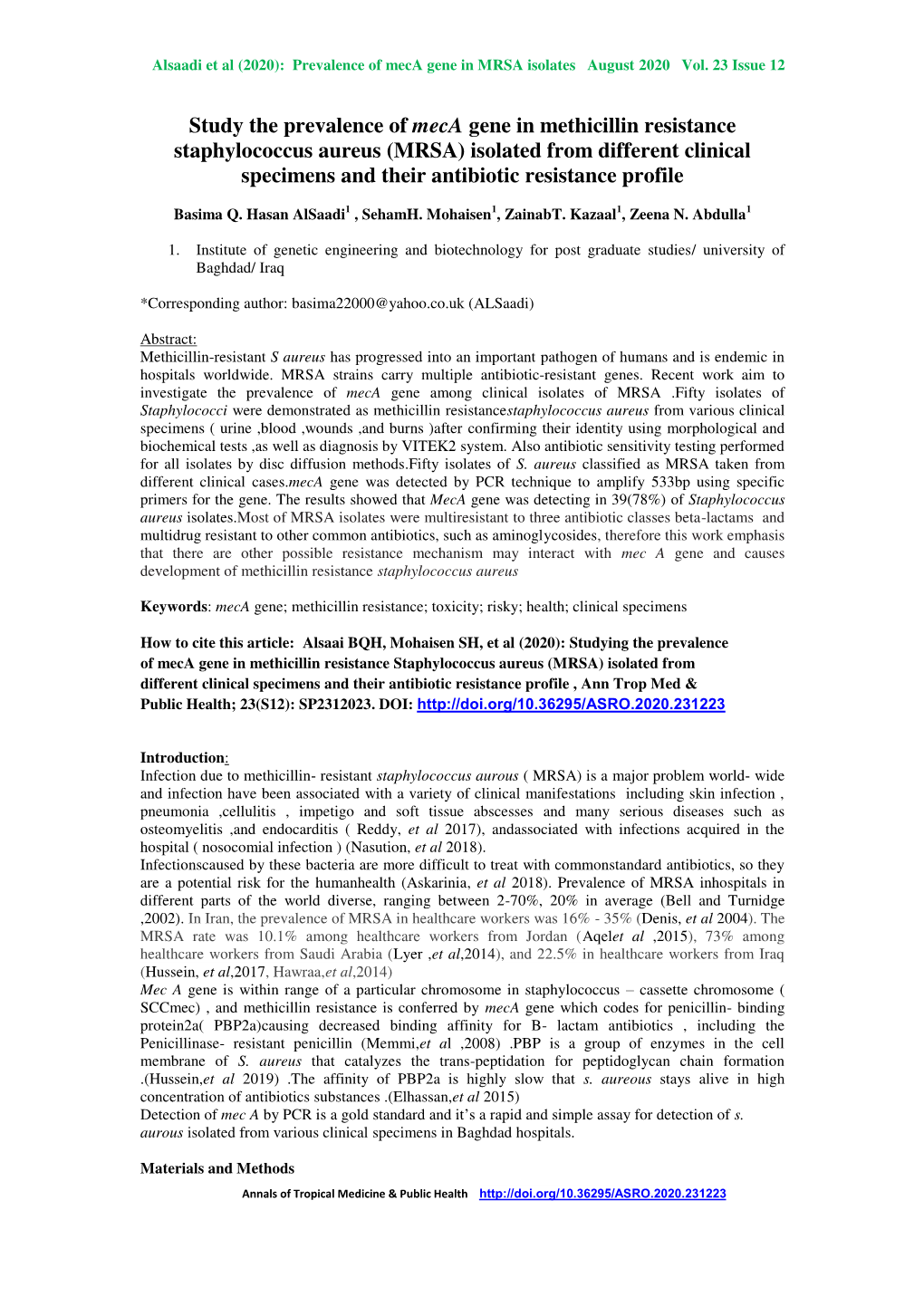 Study the Prevalence of Meca Gene in Methicillin Resistance