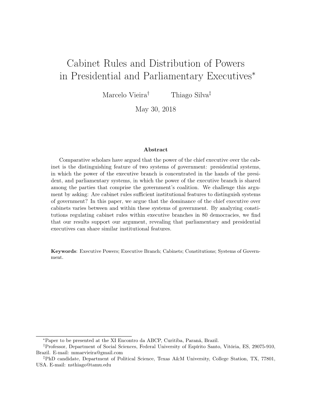 Cabinet Rules and Distribution of Powers in Presidential and Parliamentary Executives∗