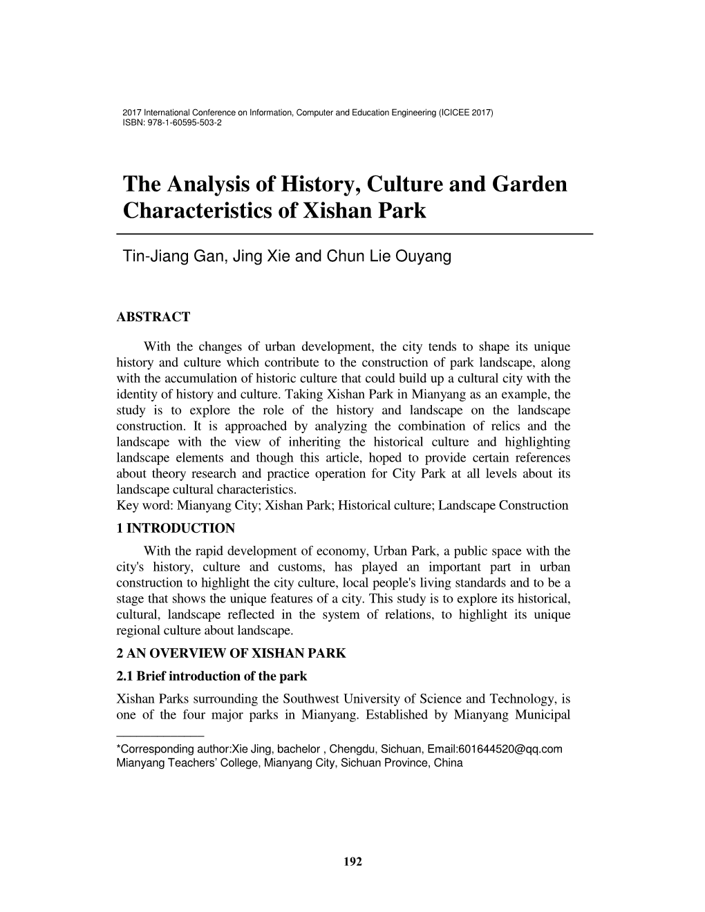 The Analysis of History, Culture and Garden Characteristics of Xishan Park