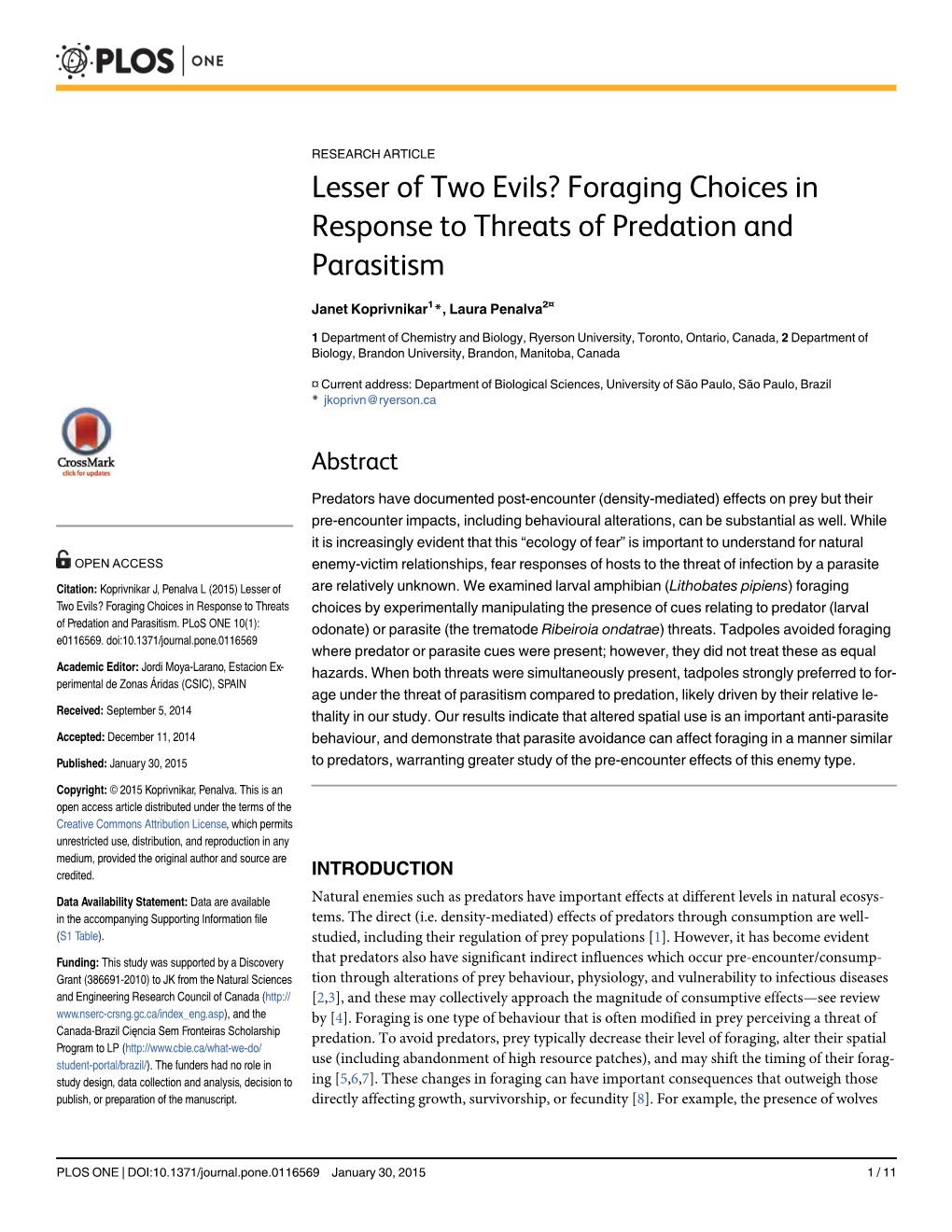 Foraging Choices in Response to Threats of Predation and Parasitism