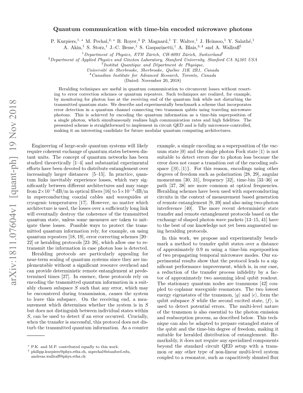 Quantum Communication with Time-Bin Encoded Microwave Photons