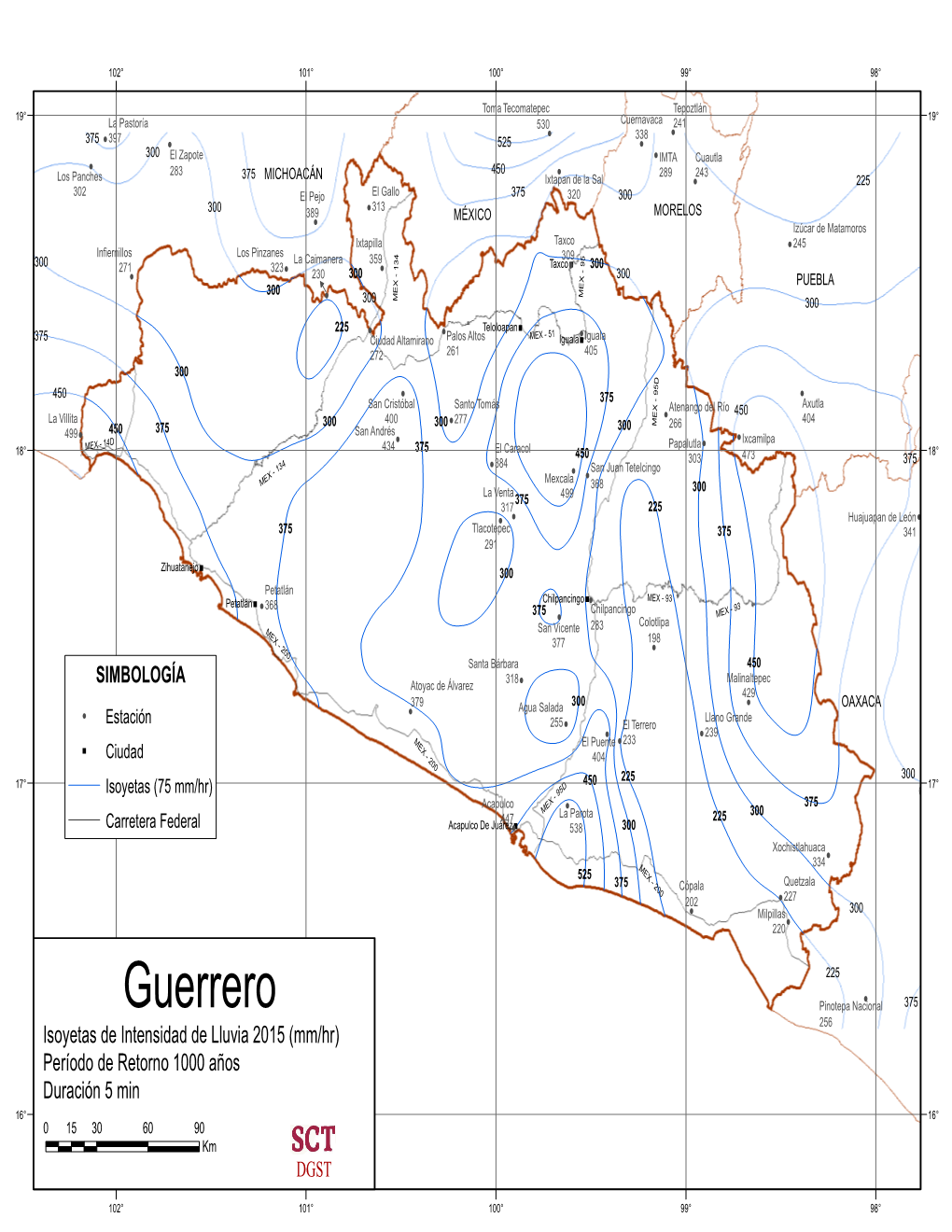 Guerrero Pinotepa Nacional 375 256 Isoyetas De Intensidad De Lluvia 2015 (Mm/Hr) Período De Retorno 1000 Años Duración 5 Min 16° 16° 015 30 60 90 Km DGST