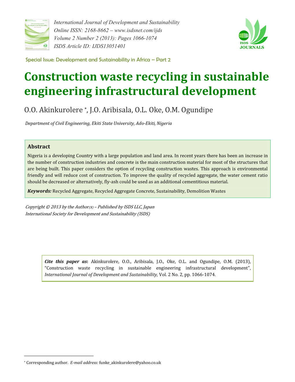 Construction Waste Recycling in Sustainable Engineering Infrastructural Development