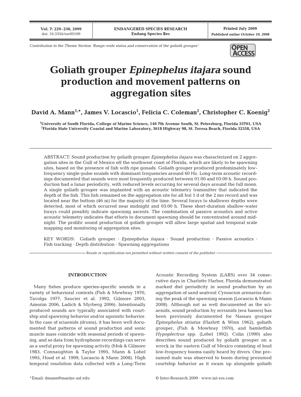 Goliath Grouper Epinephelus Itajara Sound Production and Movement Patterns on Aggregation Sites