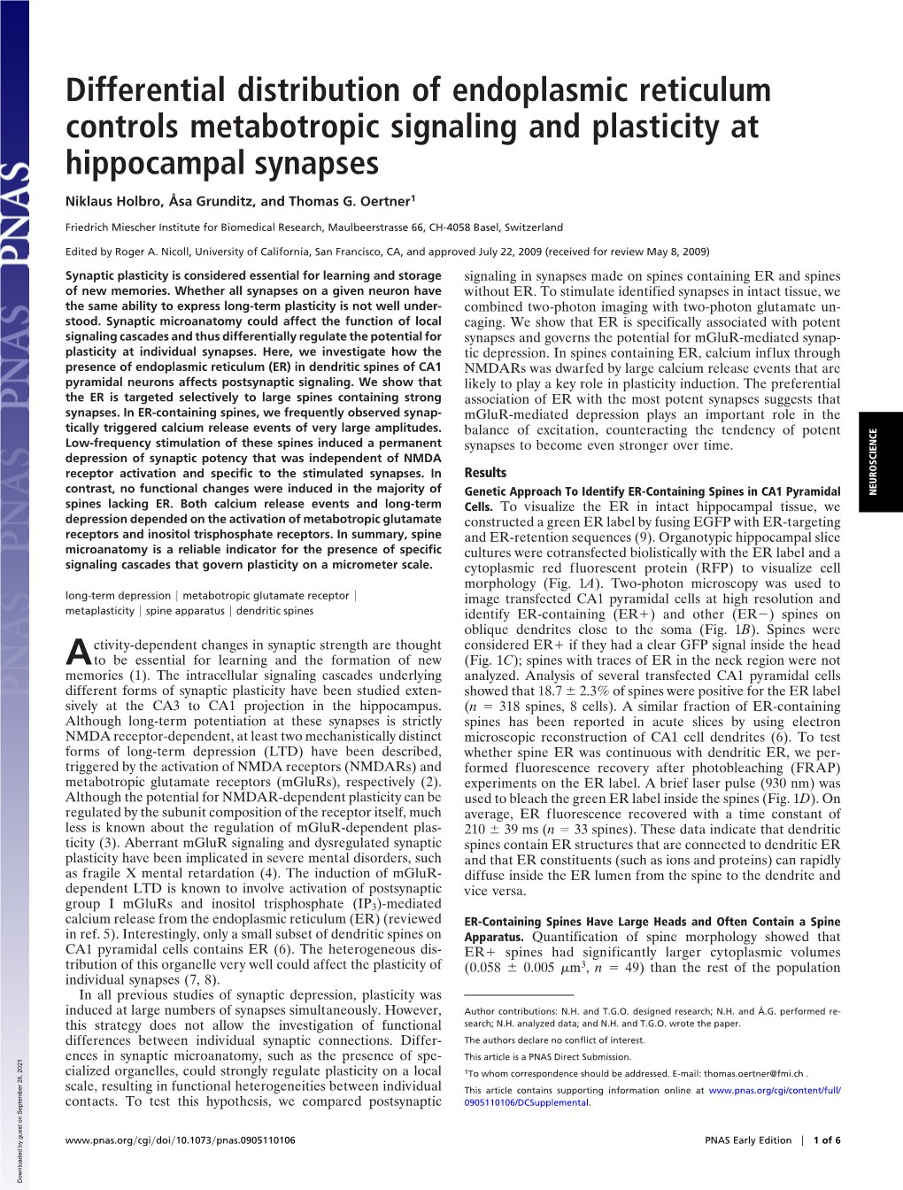 Differential Distribution of Endoplasmic Reticulum Controls Metabotropic Signaling and Plasticity at Hippocampal Synapses