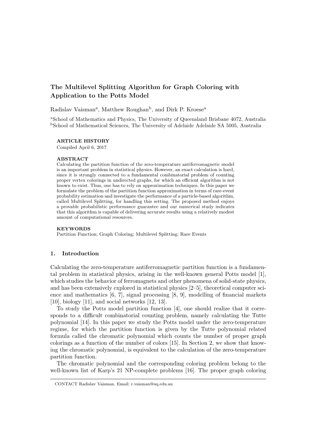 The Multilevel Splitting Algorithm for Graph Coloring with Application to the Potts Model