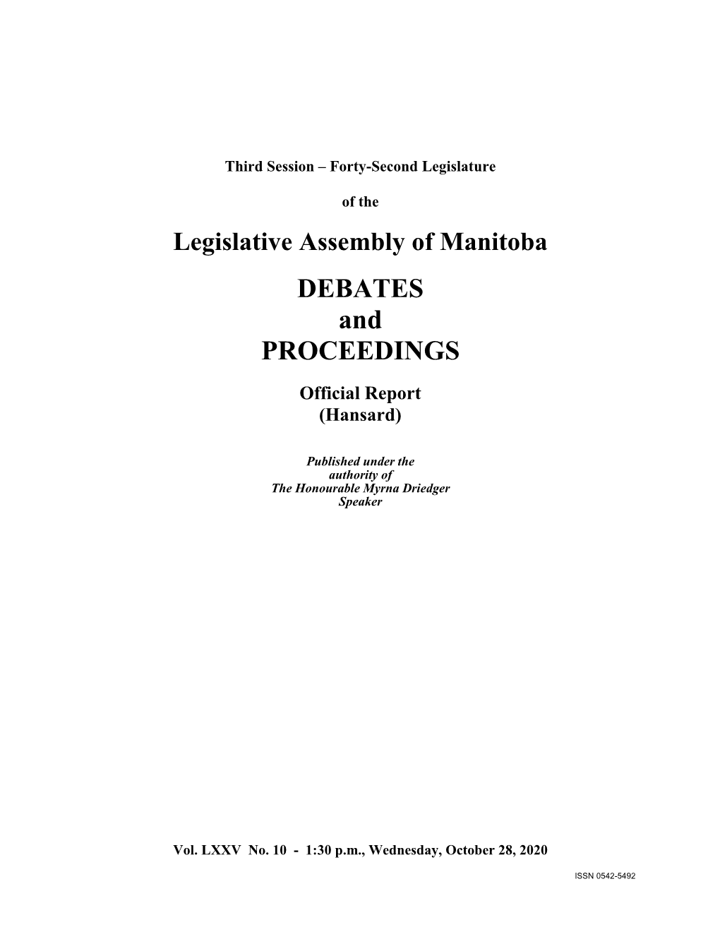 Legislative Assembly of Manitoba DEBATES and PROCEEDINGS