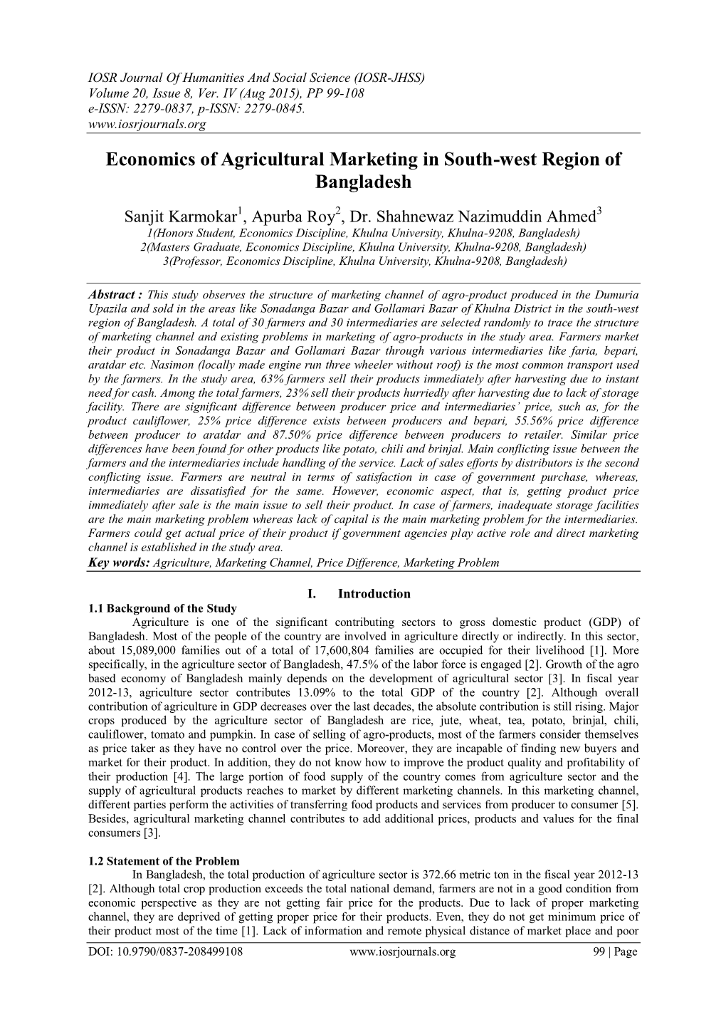 Economics of Agricultural Marketing in South-West Region of Bangladesh
