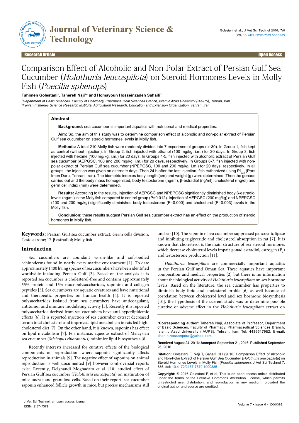 (Holothuria Leucospilota) on Steroid Hormones