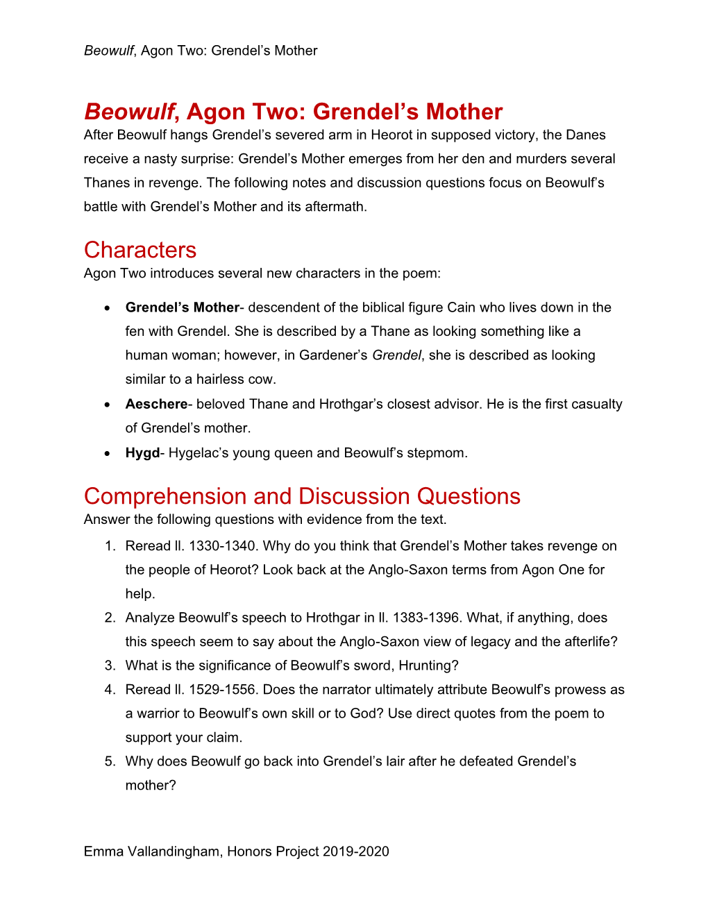 Beowulf, Agon Two: Grendel's Mother Characters Comprehension And