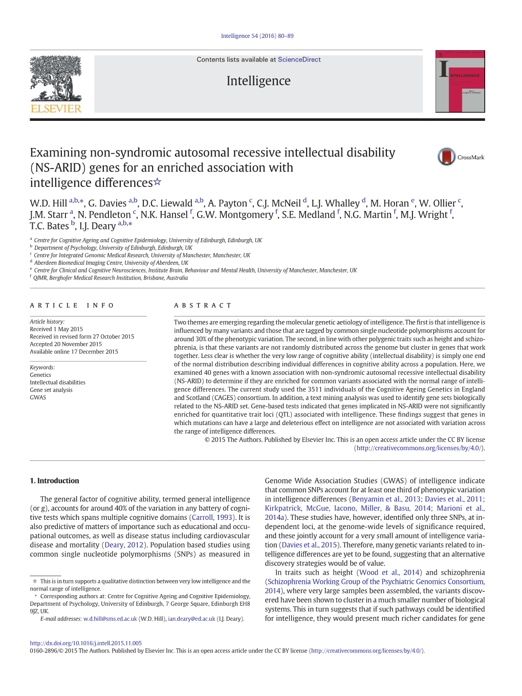 Genes for an Enriched Association with Intelligence Differences☆