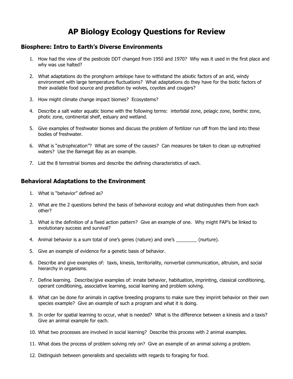 AP Biology Ecology Vocab Review And Questions For Review