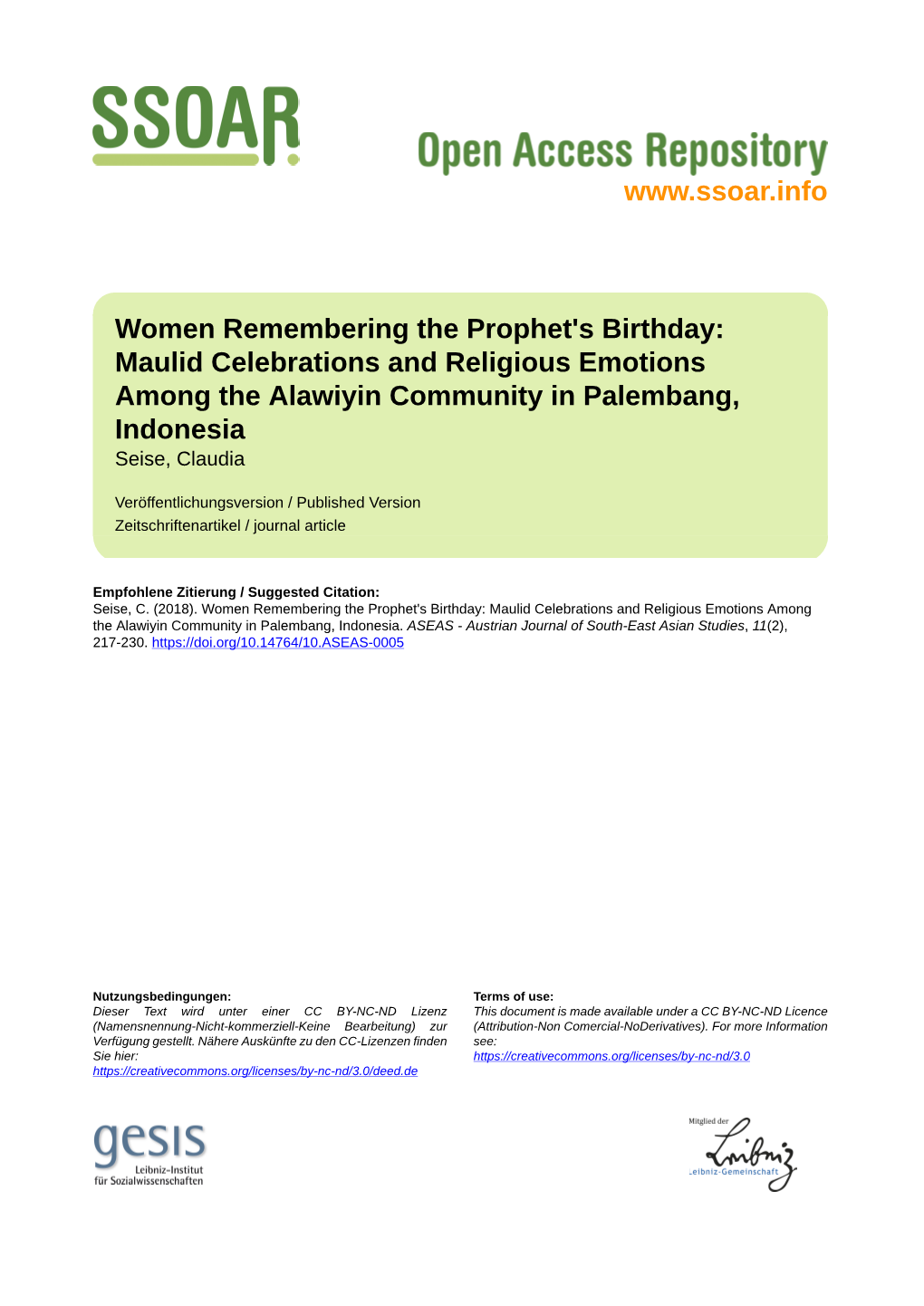 Women Remembering the Prophet's Birthday: Maulid Celebrations and Religious Emotions Among the Alawiyin Community in Palembang, Indonesia Seise, Claudia