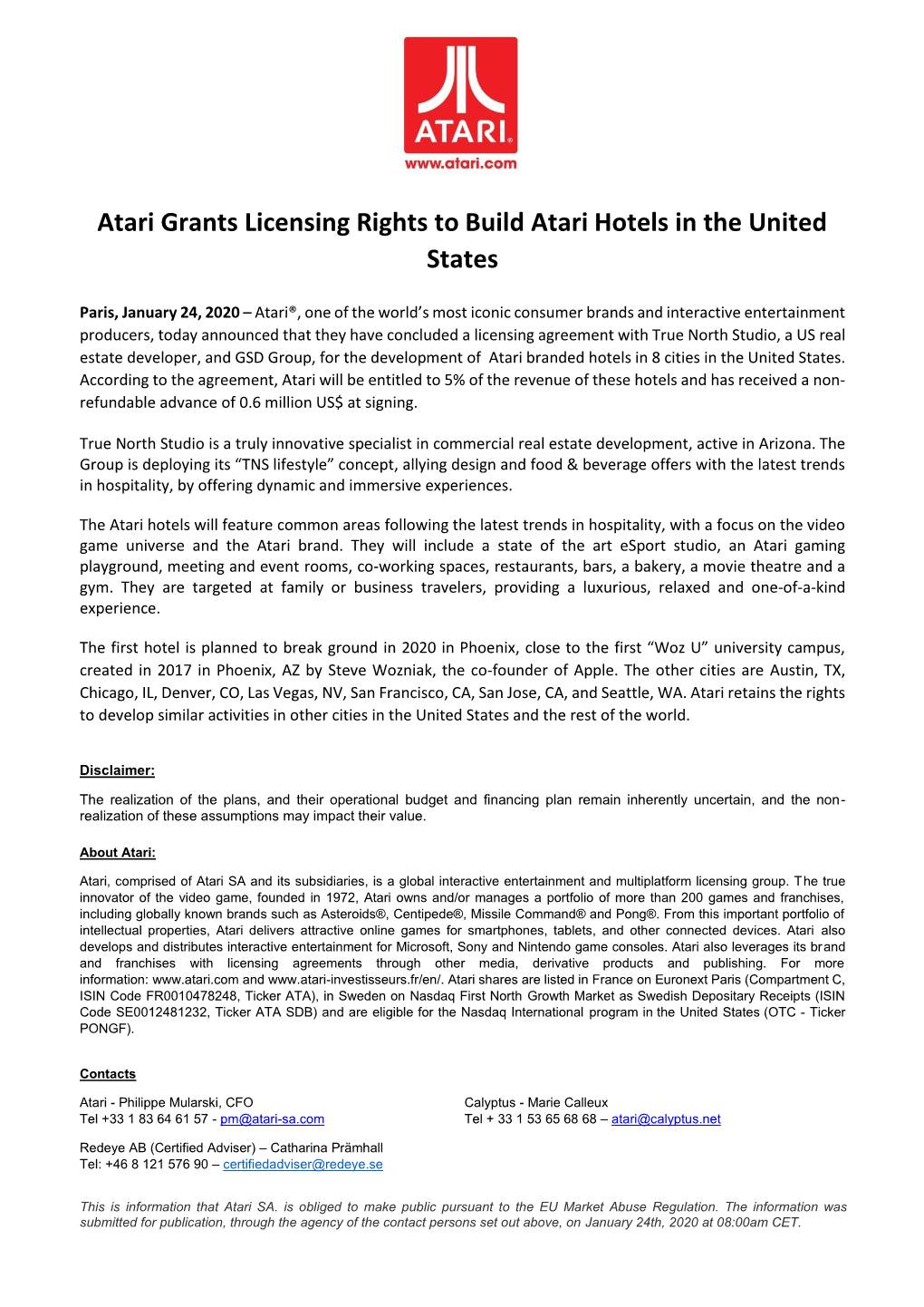 Atari Grants Licensing Rights to Build Atari Hotels in the United States