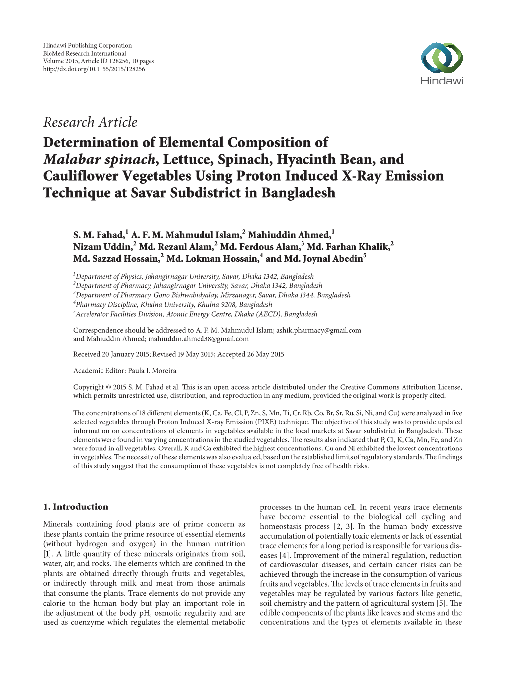 Determination of Elemental Composition of Malabar Spinach, Lettuce, Spinach, Hyacinth Bean, and Cauliflower Vegetables Using Proton Induced X-Ray Emission Technique at Savar