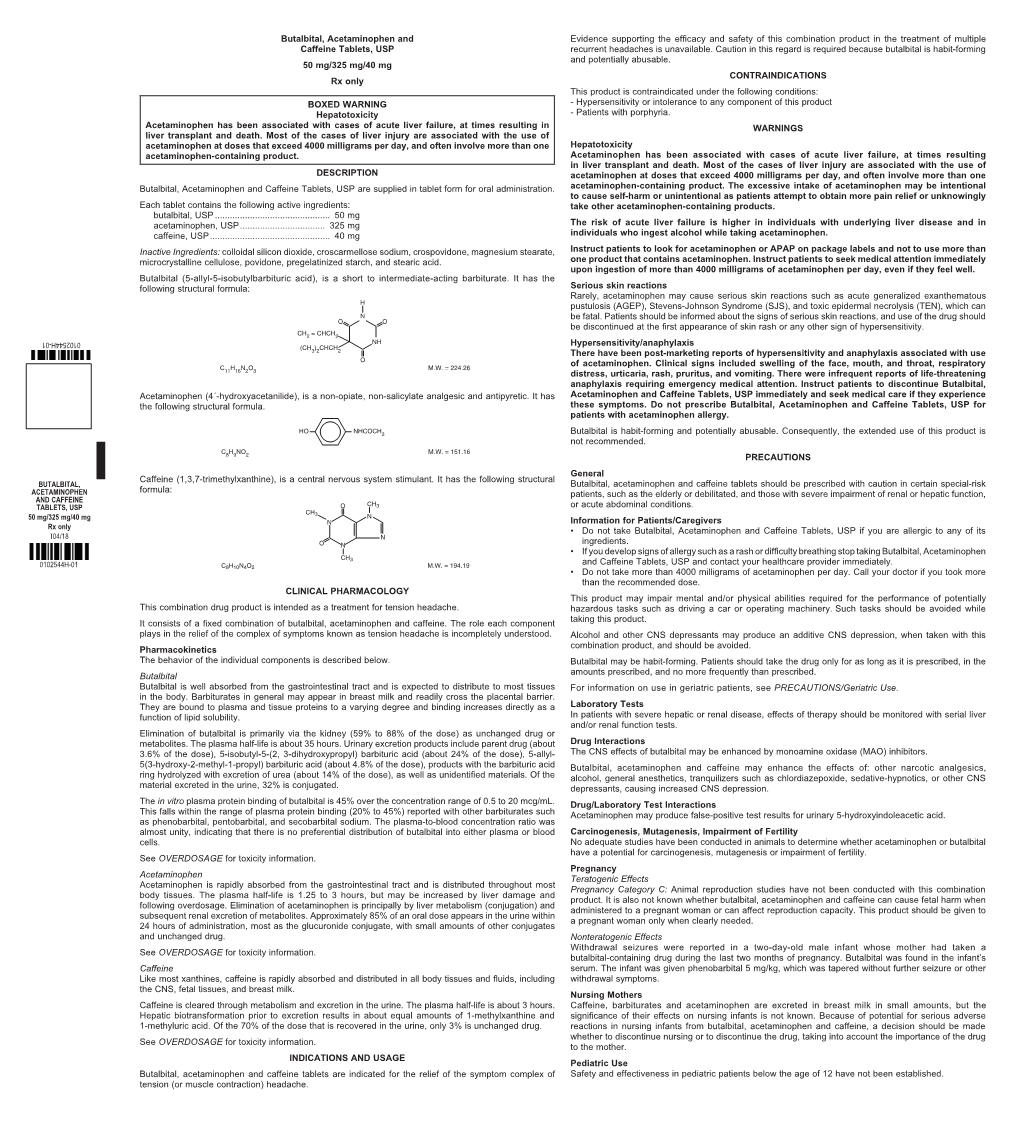 Butalbital, Acetaminophen and Caffeine Tablets, USP 50 Mg/325