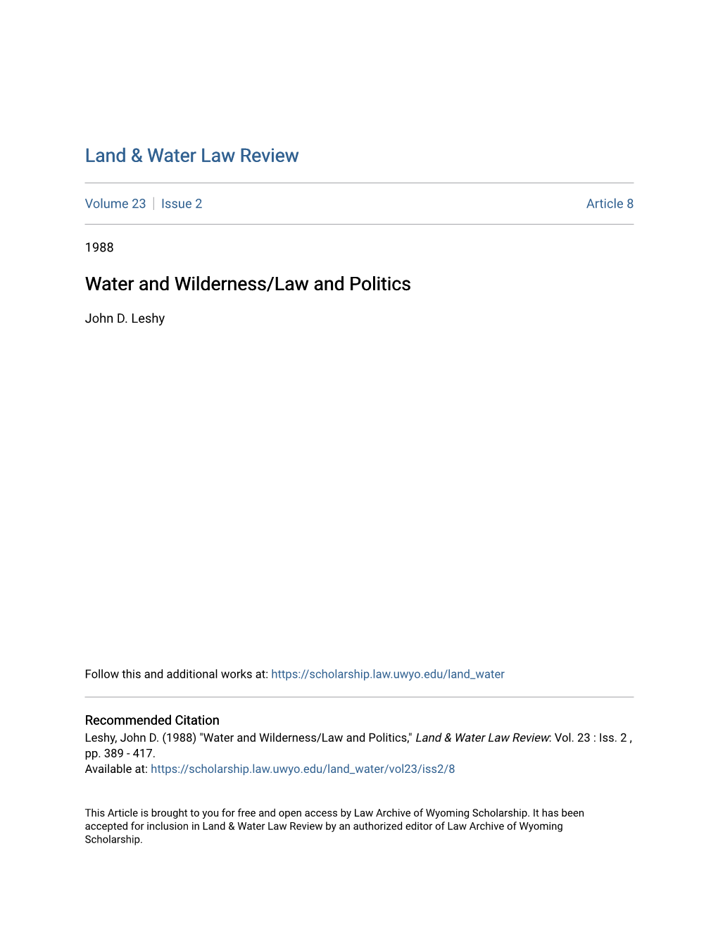 Water and Wilderness/Law and Politics