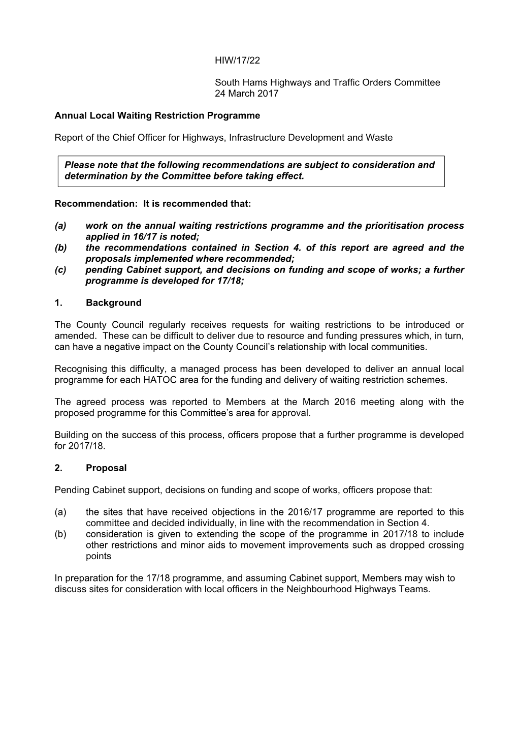 HIW/17/22 South Hams Highways and Traffic Orders Committee 24 March