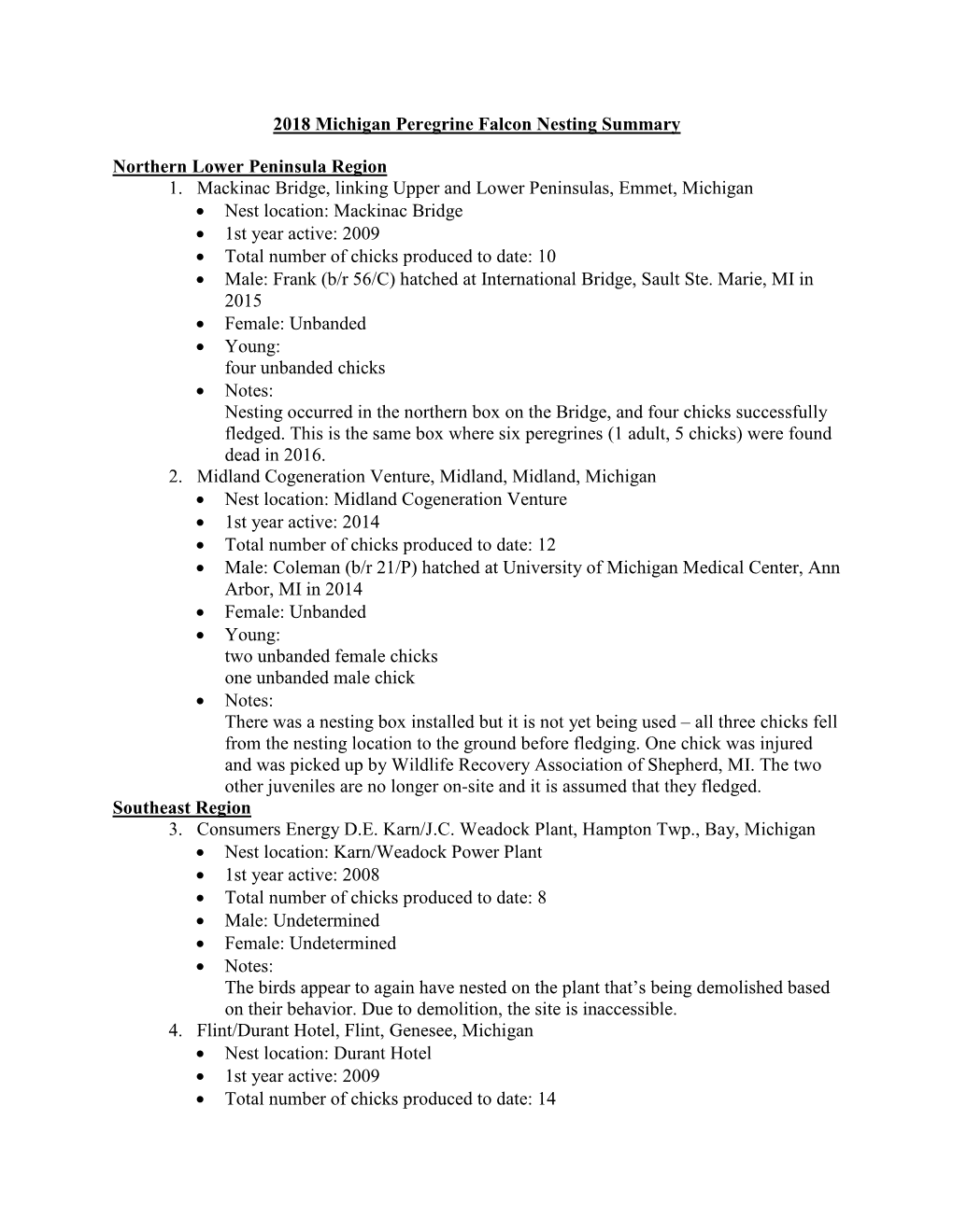 2018 Michigan Peregrine Falcon Nesting Summary Northern Lower