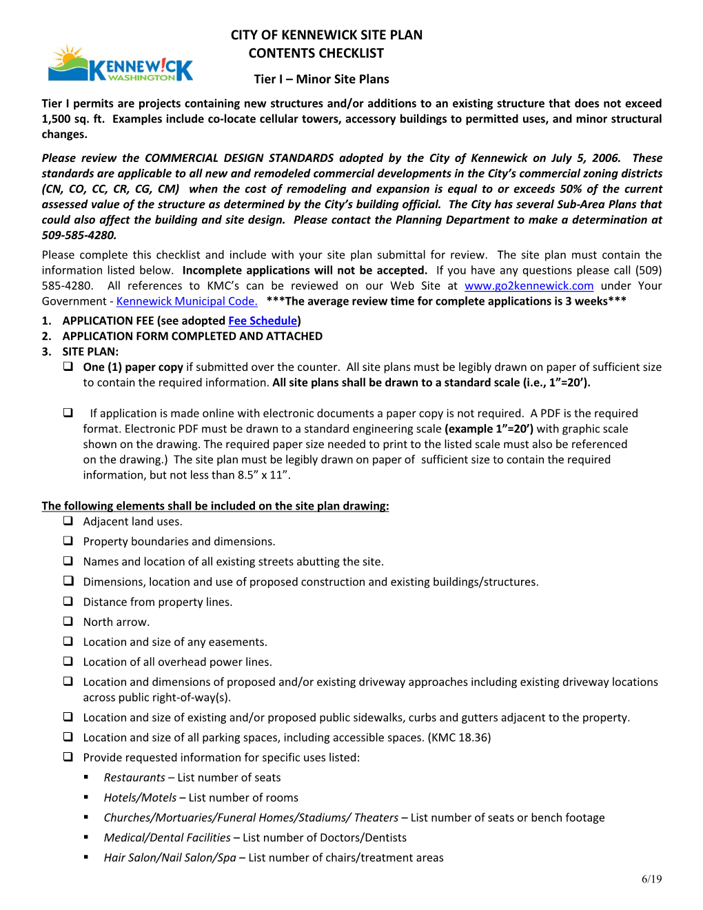 City of Kennewick Site Plan Contents Checklist