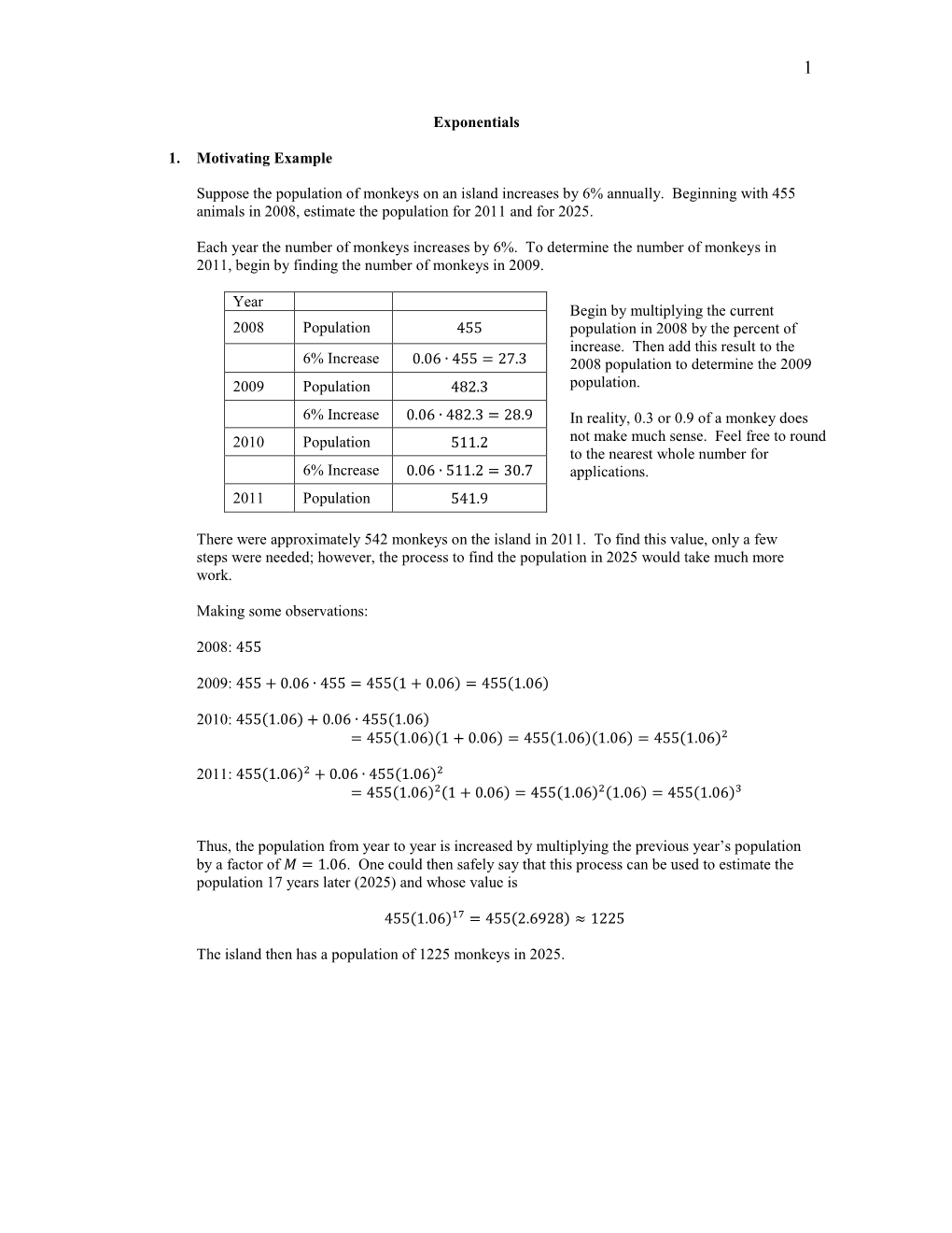 Exponentials 1. Motivating Example Suppose the Population of Monkeys