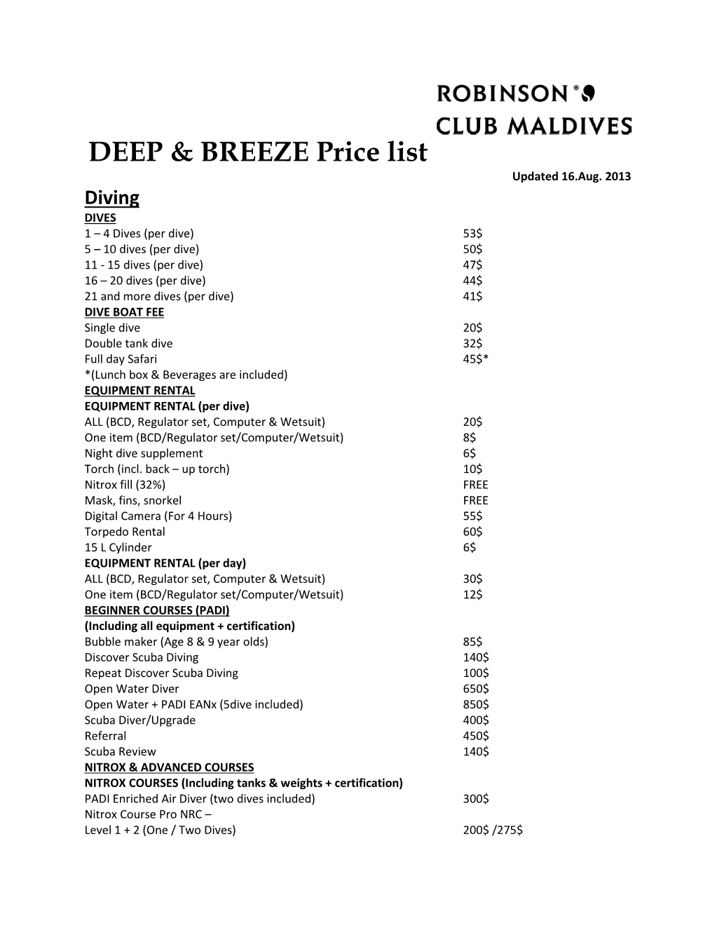 DEEP & BREEZE Price List