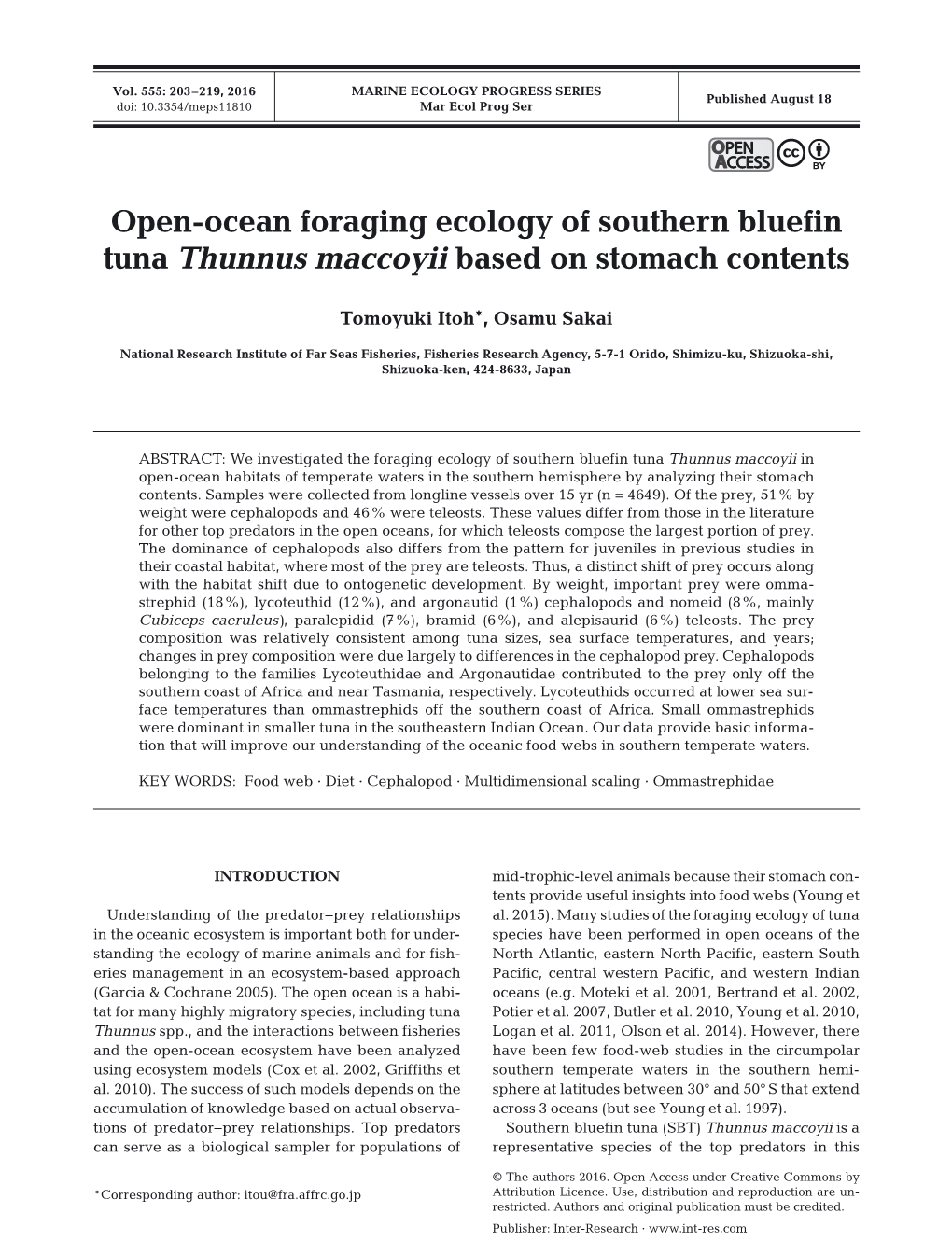 Open-Ocean Foraging Ecology of Southern Bluefin Tuna Thunnus Maccoyii Based on Stomach Contents