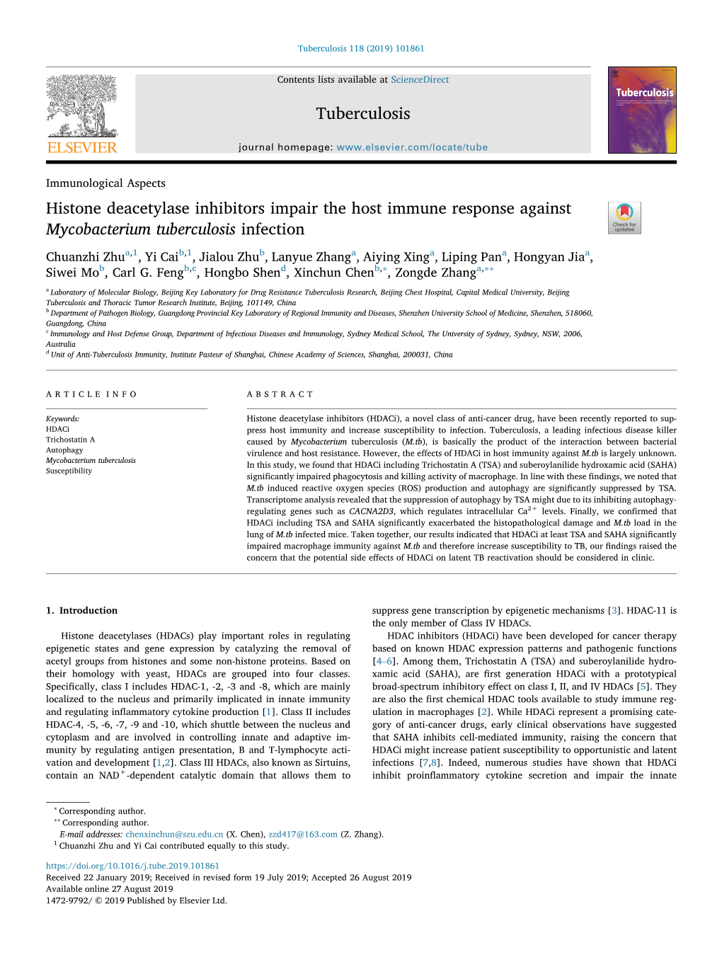 Histone Deacetylase Inhibitors Impair the Host Immune Response Against Mycobacterium Tuberculosis Infection T