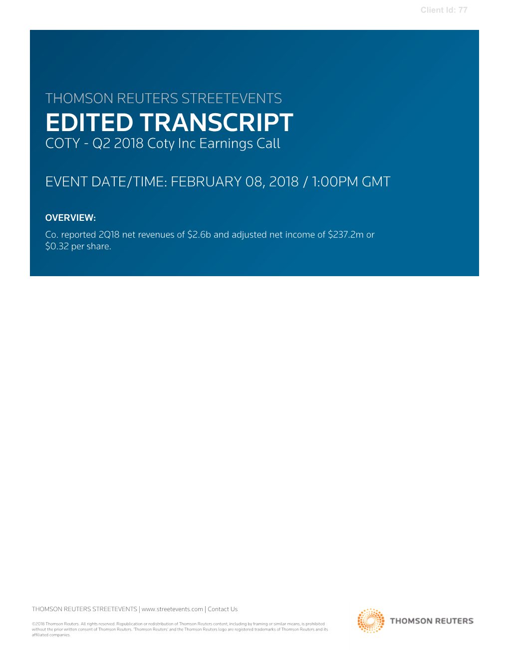 Q2 2018 Coty Inc Earnings Call on February 08, 2018 / 1:00PM