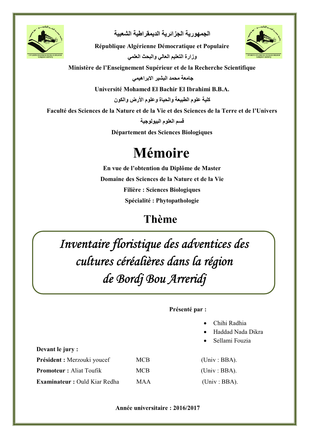 Mémoire En Vue De L’Obtention Du Diplôme De Master Domaine Des Sciences De La Nature Et De La Vie Filière : Sciences Biologiques Spécialité : Phytopathologie