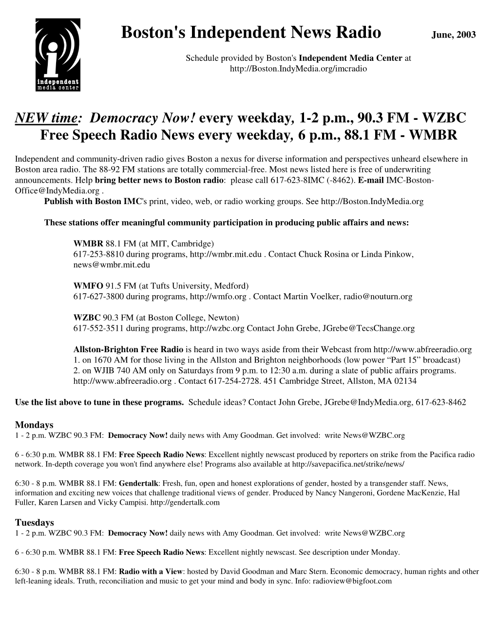 Boston's Independent News Radio June, 2003