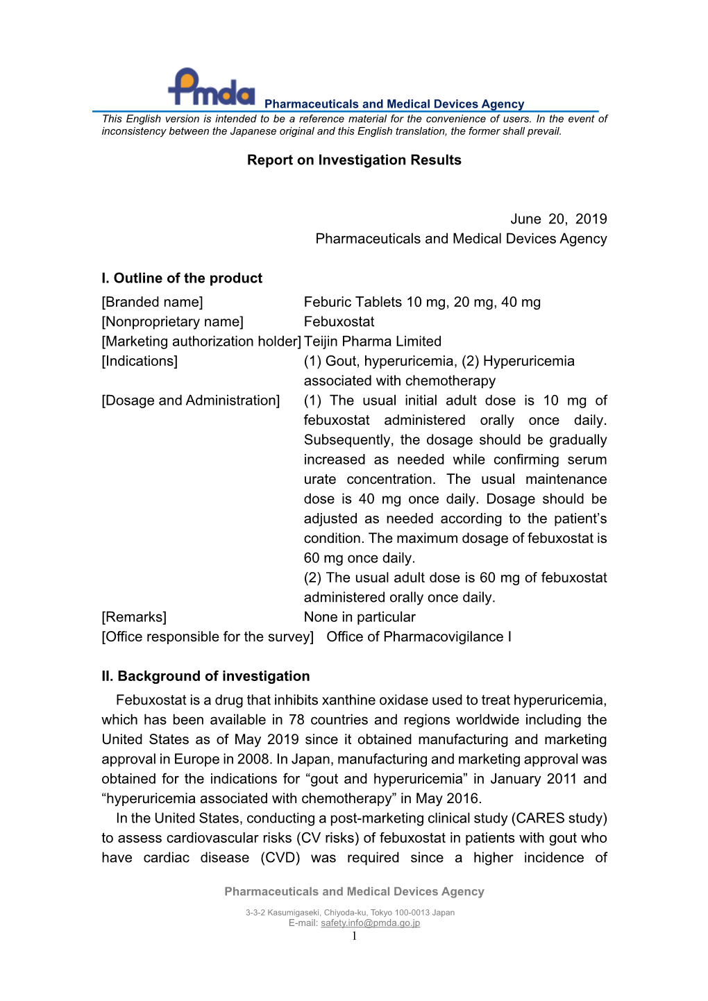 Report on Investigation Results June 20, 2019 Pharmaceuticals And