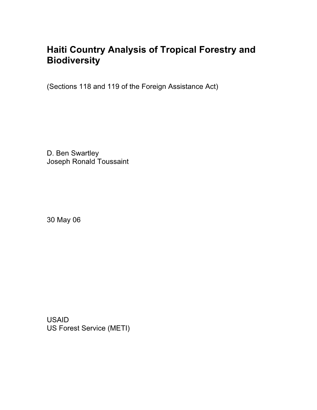 Haiti Country Analysis of Tropical Forestry and Biodiversity