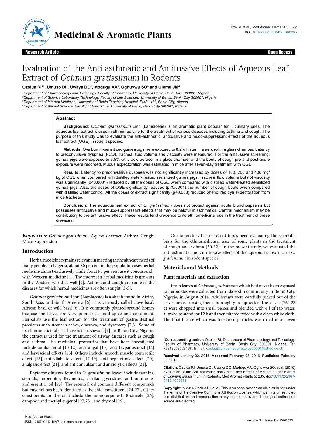 Evaluation of the Anti-Asthmatic and Antitussive Effects of Aqueous Leaf Extract of Ocimum Gratissimum in Rodents