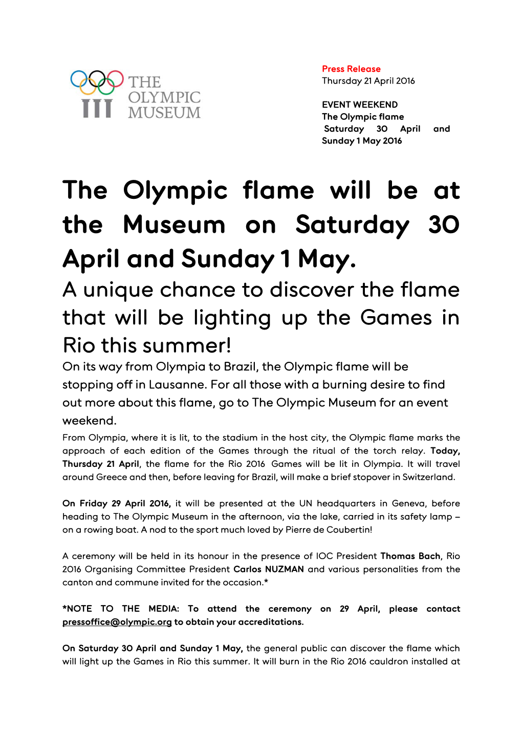 The Olympic Flame Will Be at the Museum on Saturday 30 April and Sunday 1 May