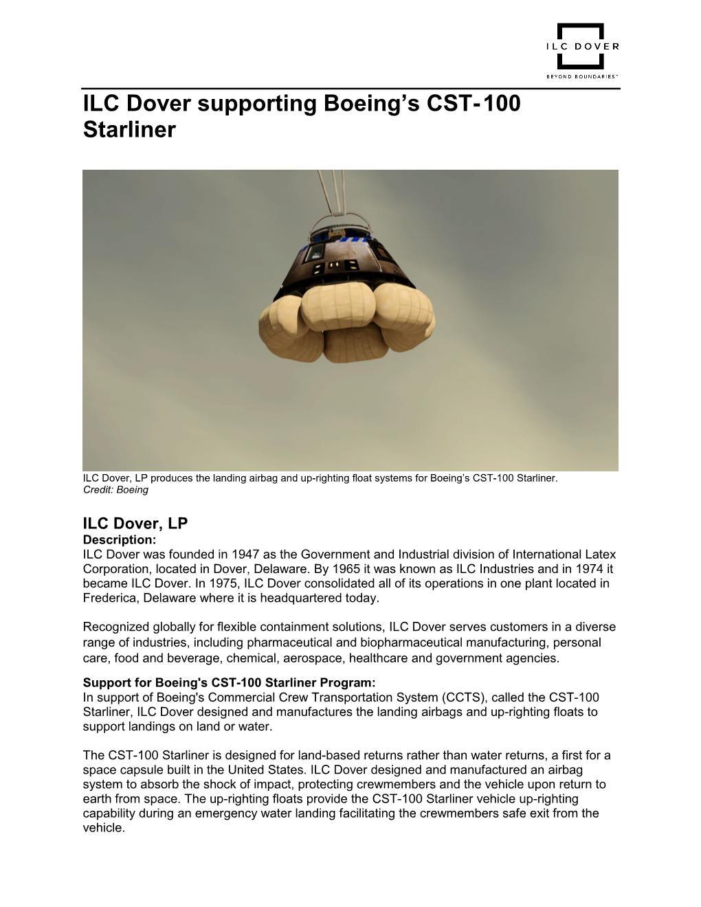 ILC Dover Supporting Boeing's CST-100 Starliner