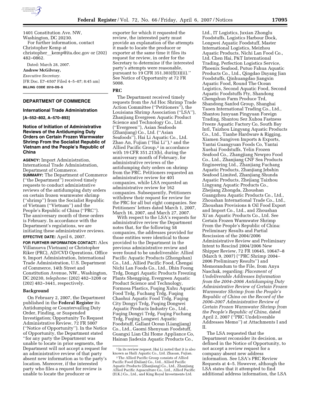 Federal Register/Vol. 72, No. 66/Friday, April 6, 2007/Notices
