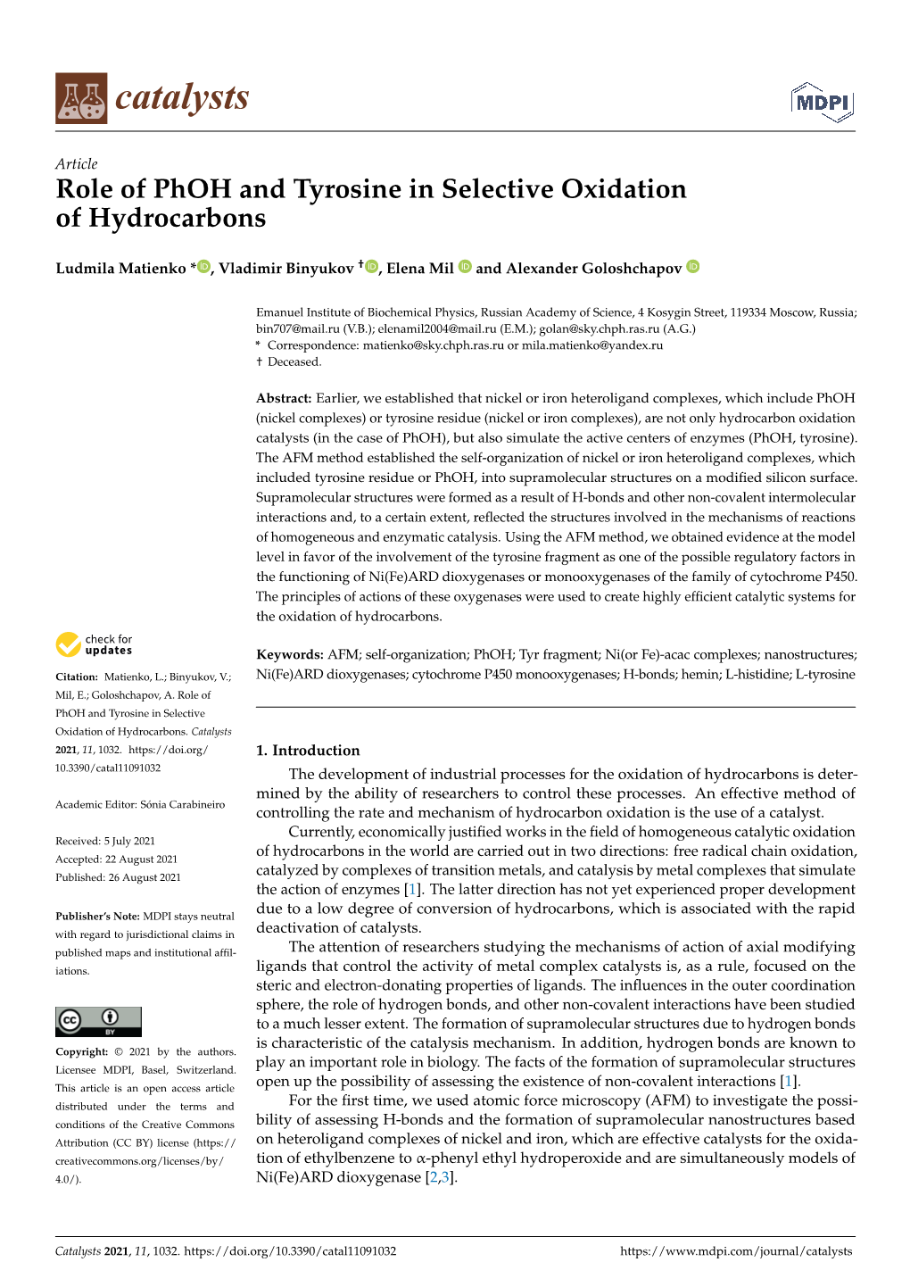 Role of Phoh and Tyrosine in Selective Oxidation of Hydrocarbons