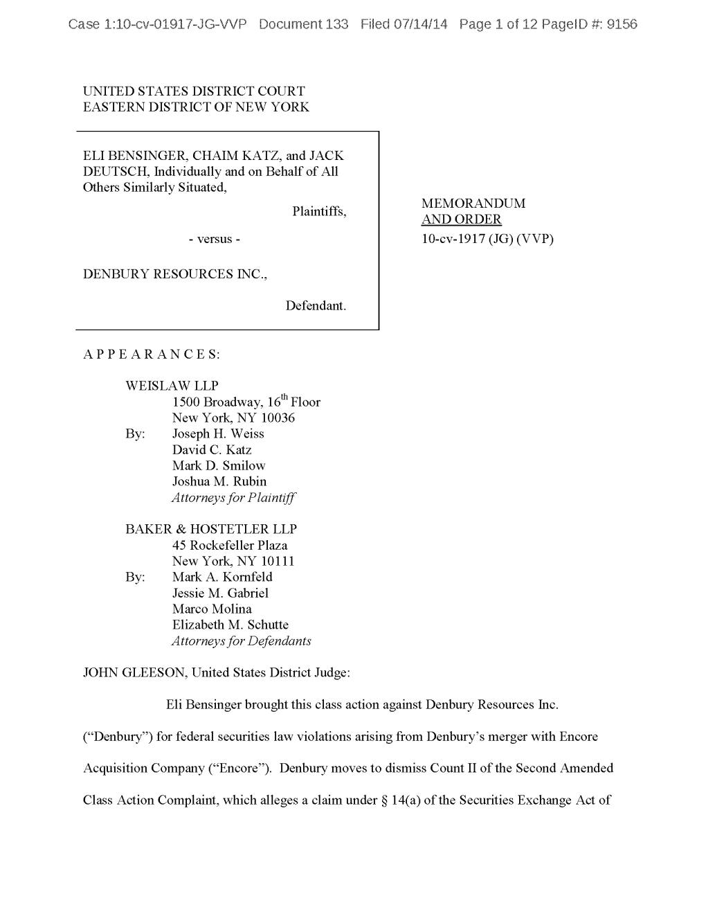 Eli Bensinger , Et Al. V. Denbury Resources Inc., Et Al. 10-CV-01917