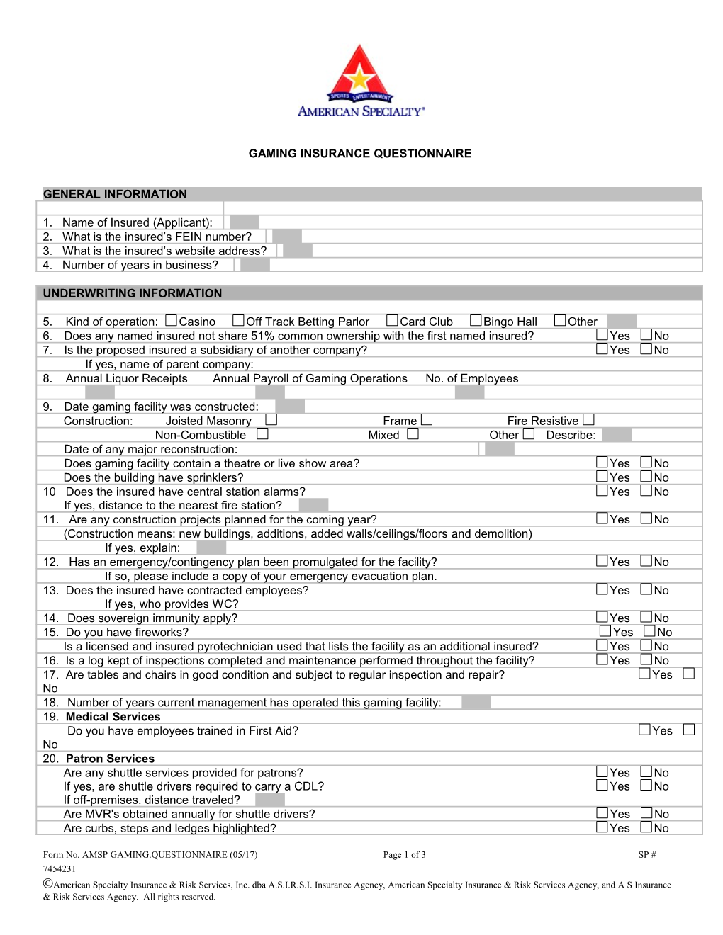 Gaming Insurance Questionnaire