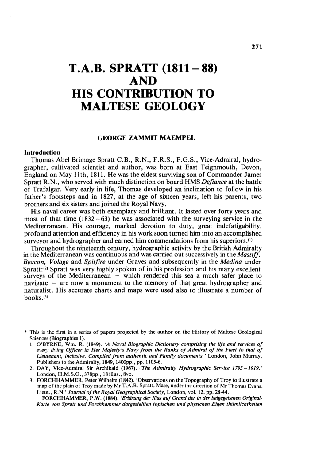 T.A.B. Spratt (1811-88) and His Contribution to Maltese Geology