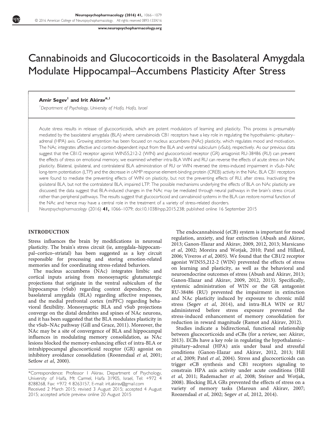 Cannabinoids and Glucocorticoids in the Basolateral Amygdala Modulate Hippocampal–Accumbens Plasticity After Stress