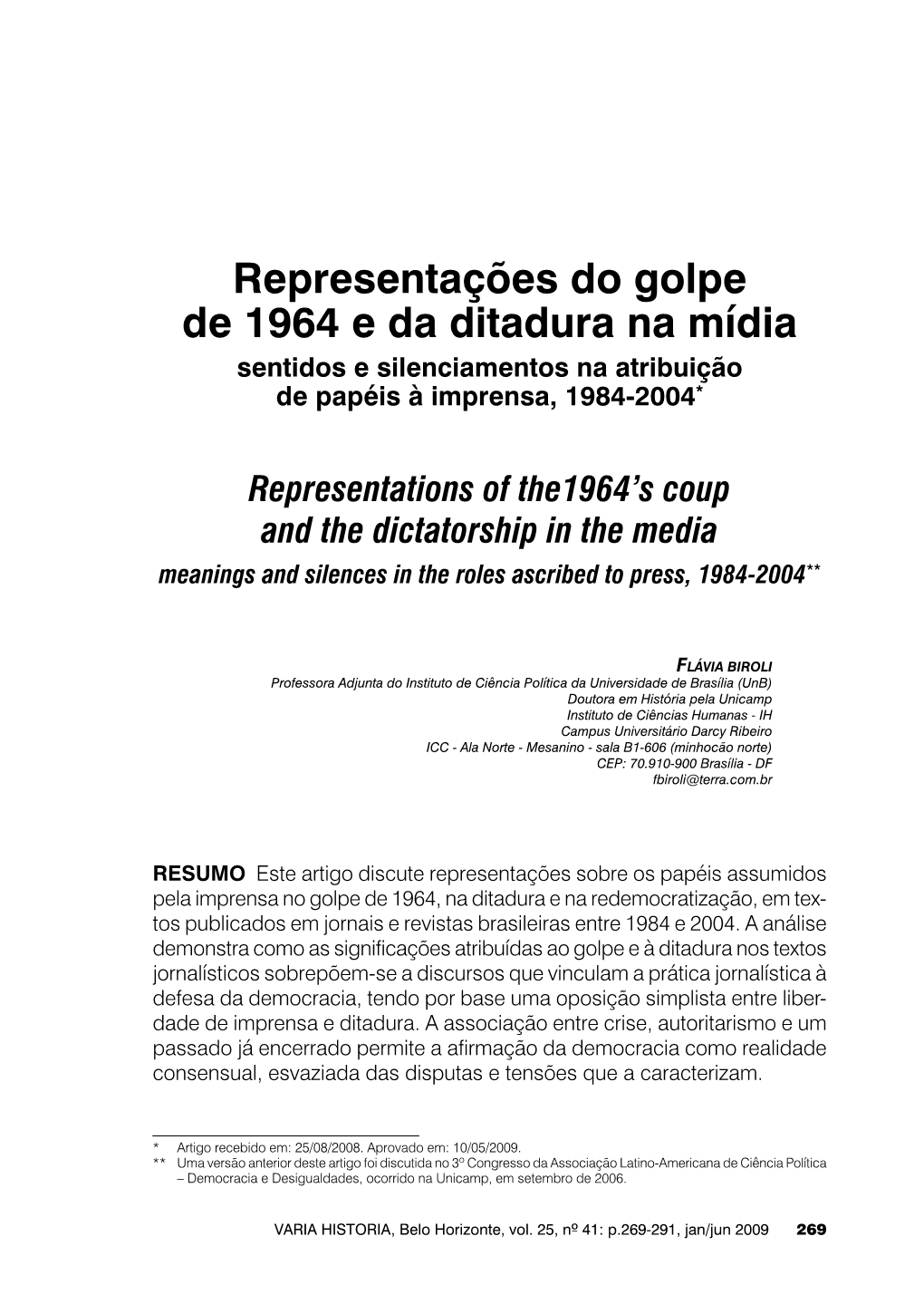 Representações Do Golpe De 1964 E Da Ditadura Na Mídia