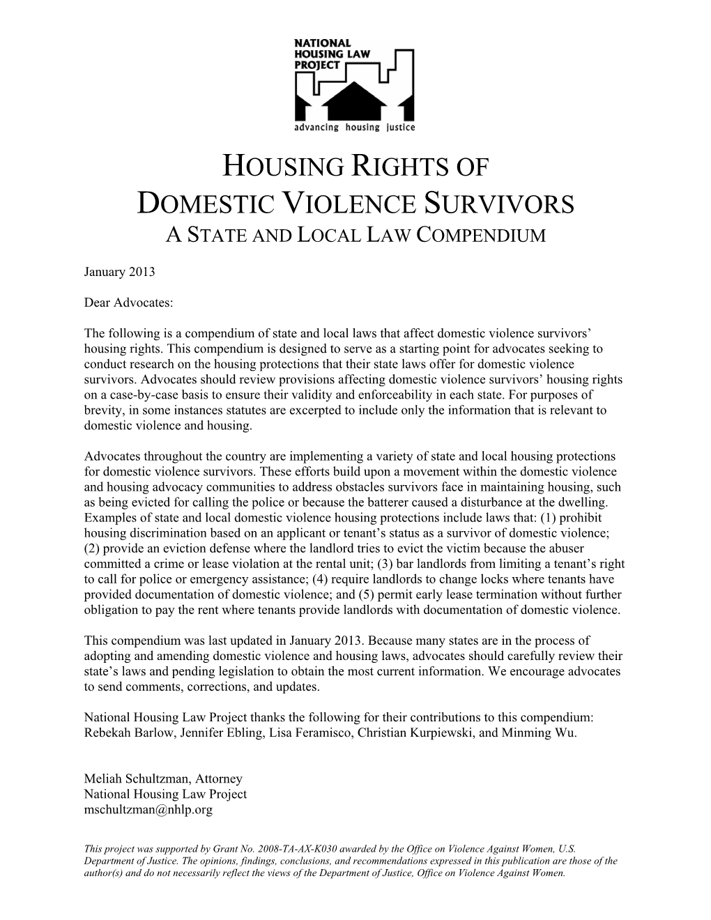 Housing Rights of Domestic Violence Survivors a State and Local Law Compendium