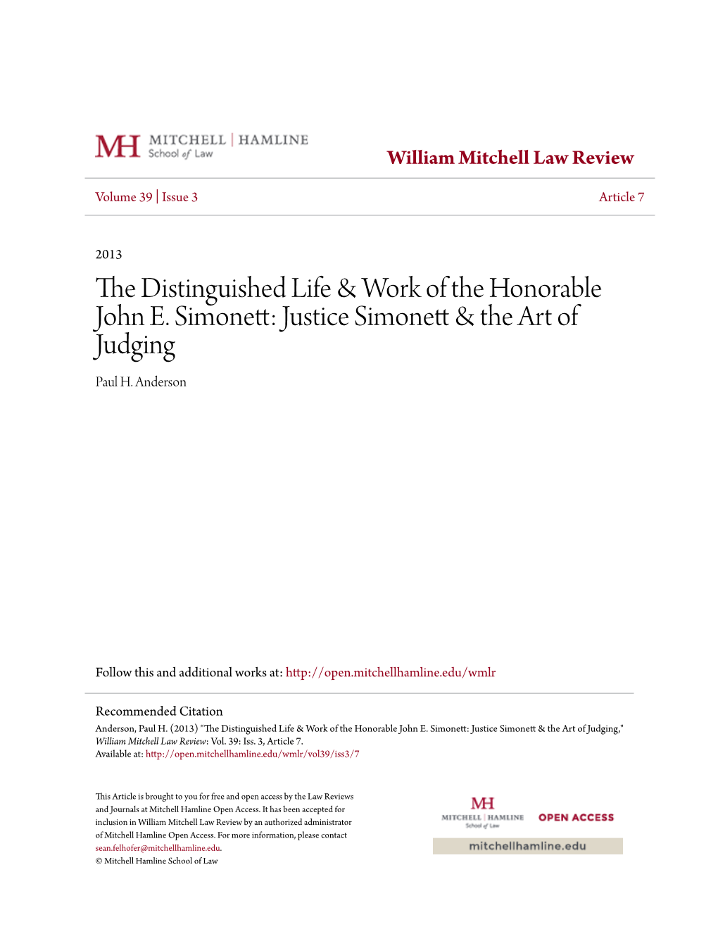 The Distinguished Life & Work of the Honorable John E. Simonett