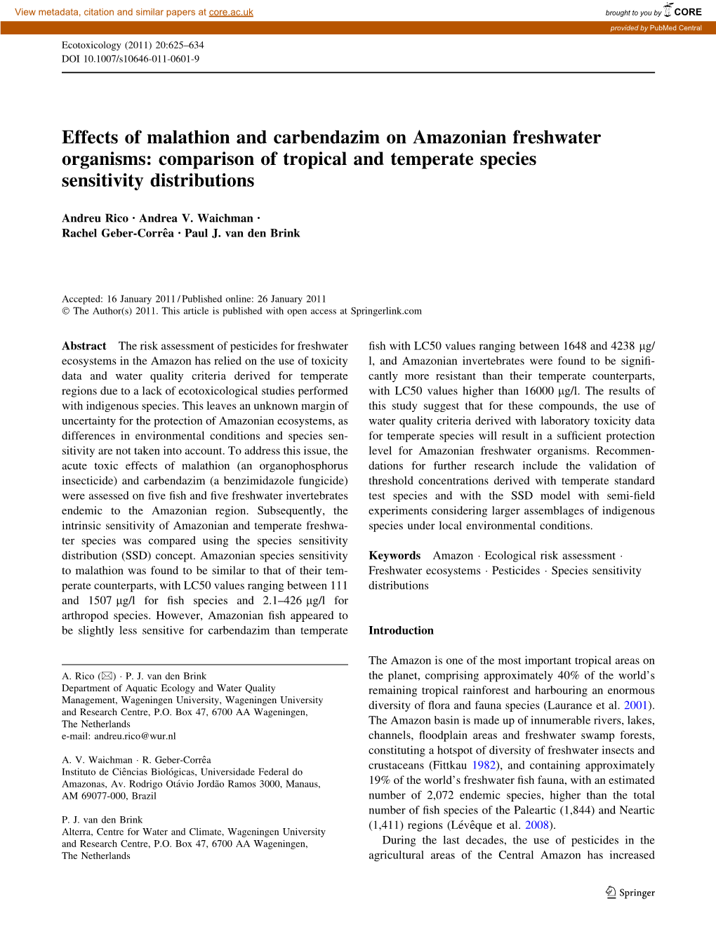 Effects of Malathion and Carbendazim on Amazonian Freshwater Organisms: Comparison of Tropical and Temperate Species Sensitivity Distributions