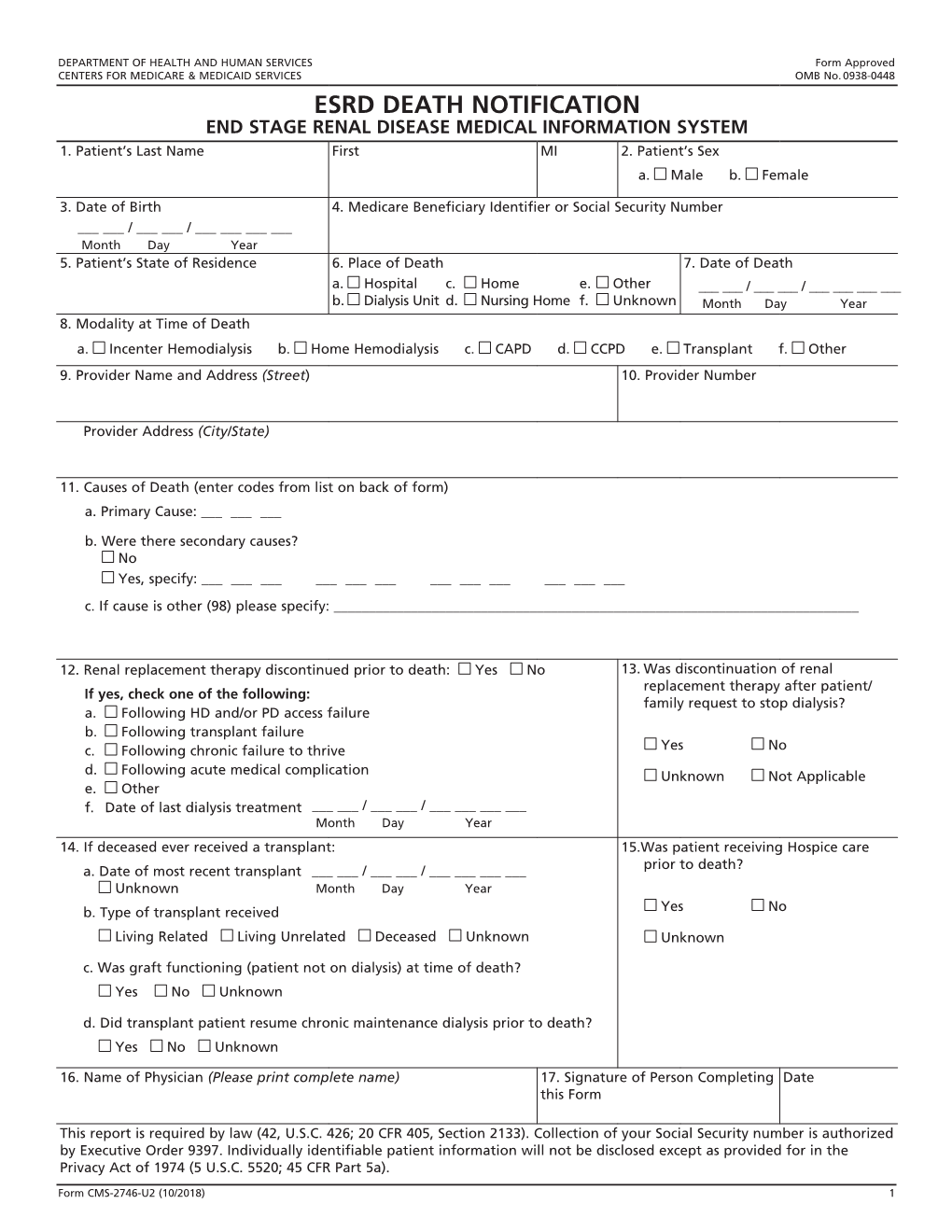 ESRD Death Notification Form 2746