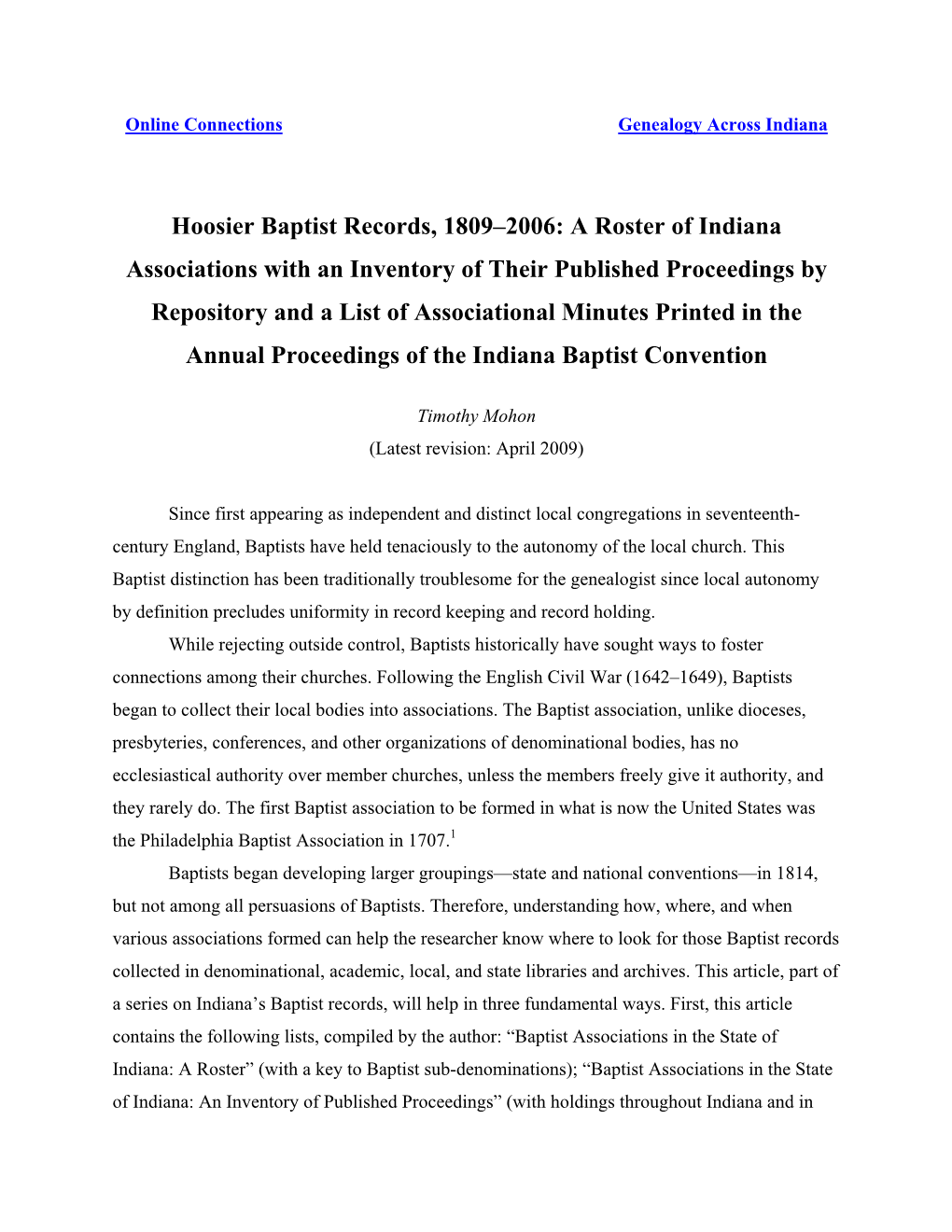 Hoosier Baptist Records, 1809-2006