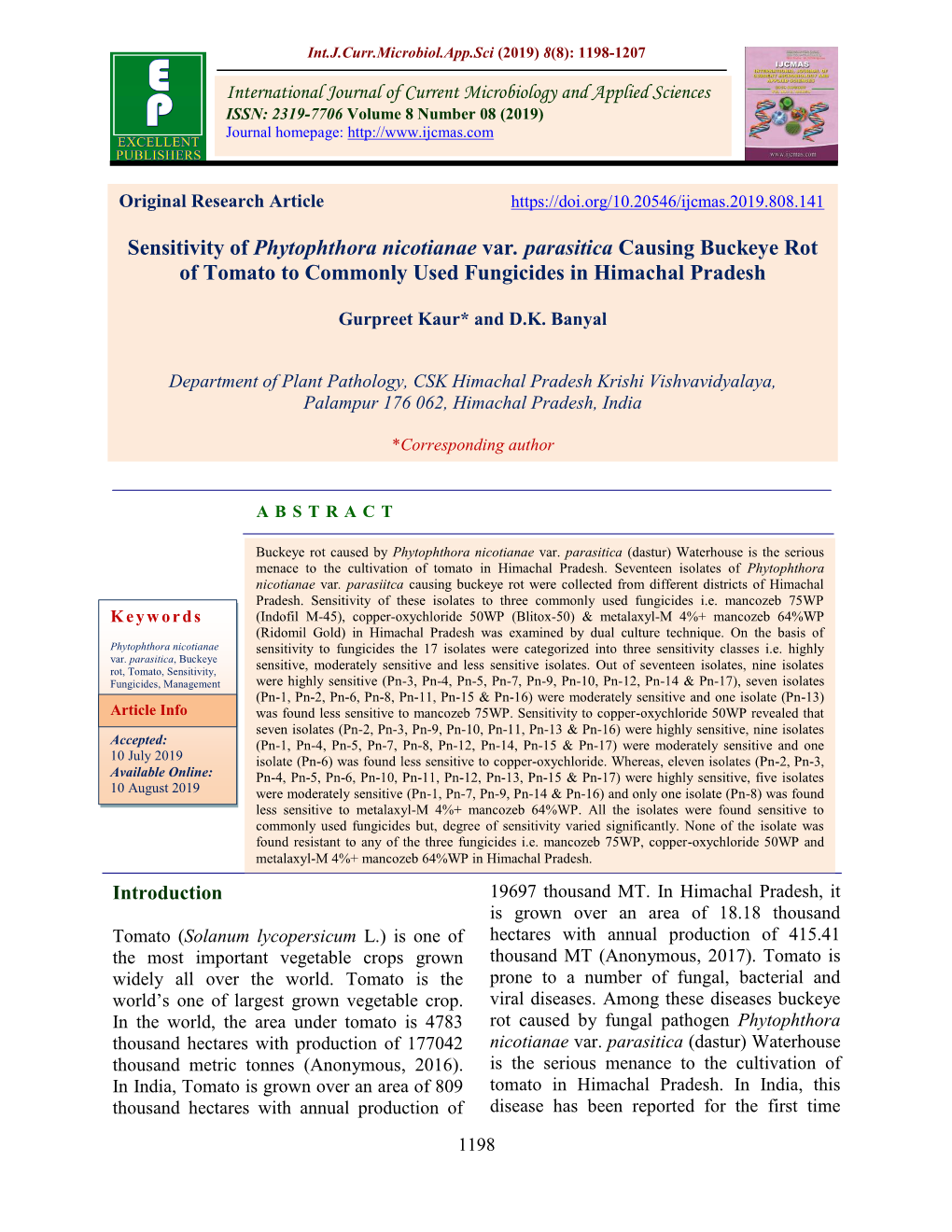 Sensitivity of Phytophthora Nicotianae Var. Parasitica Causing Buckeye Rot of Tomato to Commonly Used Fungicides in Himachal Pradesh