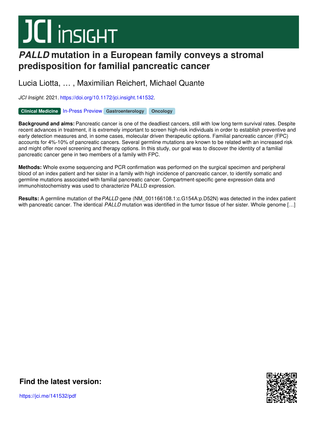 PALLD Mutation in a European Family Conveys a Stromal Predisposition for Familial Pancreatic Cancer